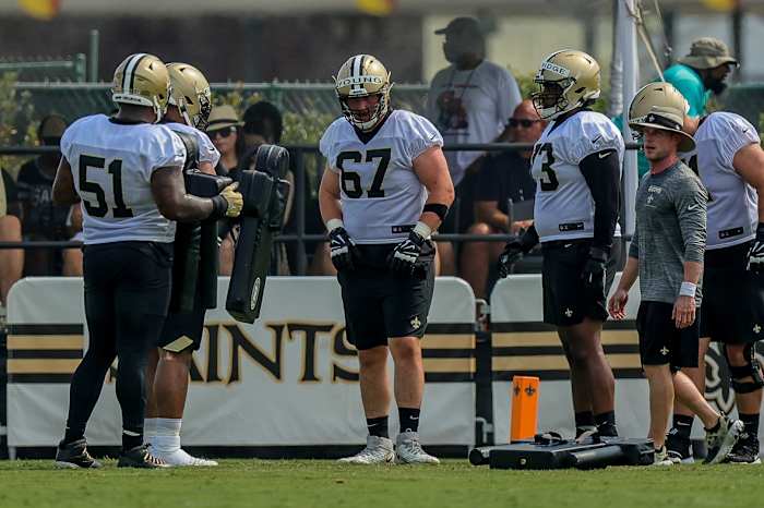 New Orleans Saints offensive tackle Landon Young (67) looks on during a training camp session. Mandatory Credit: Stephen Lew-USA TODAY